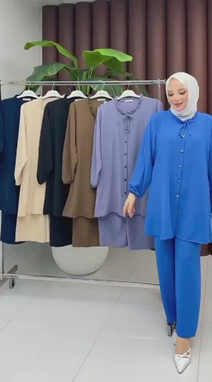 Boyun Bağlamalı Düğmeli Alt Üst Takım