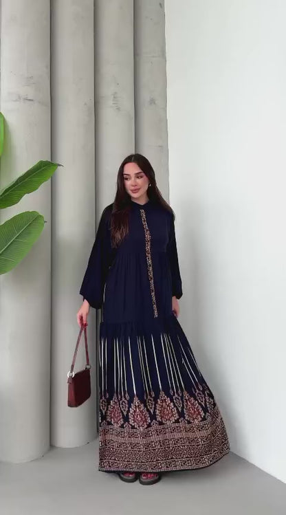 Balon Kol Yarı Düğmeli Model Elbise - Lacivert