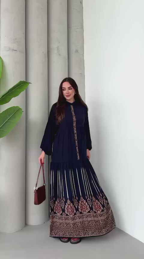 Balon Kol Yarı Düğmeli Model Elbise - Lacivert