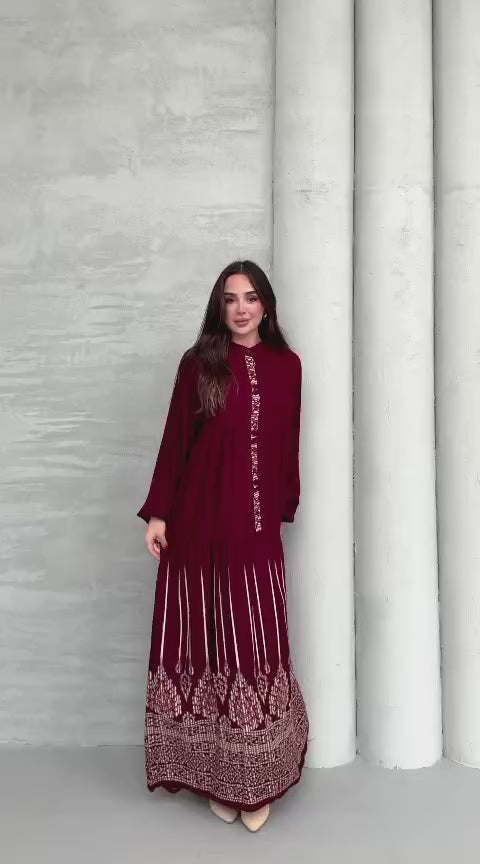 Balon Kol Yarı Düğmeli Model Elbise - Bordo